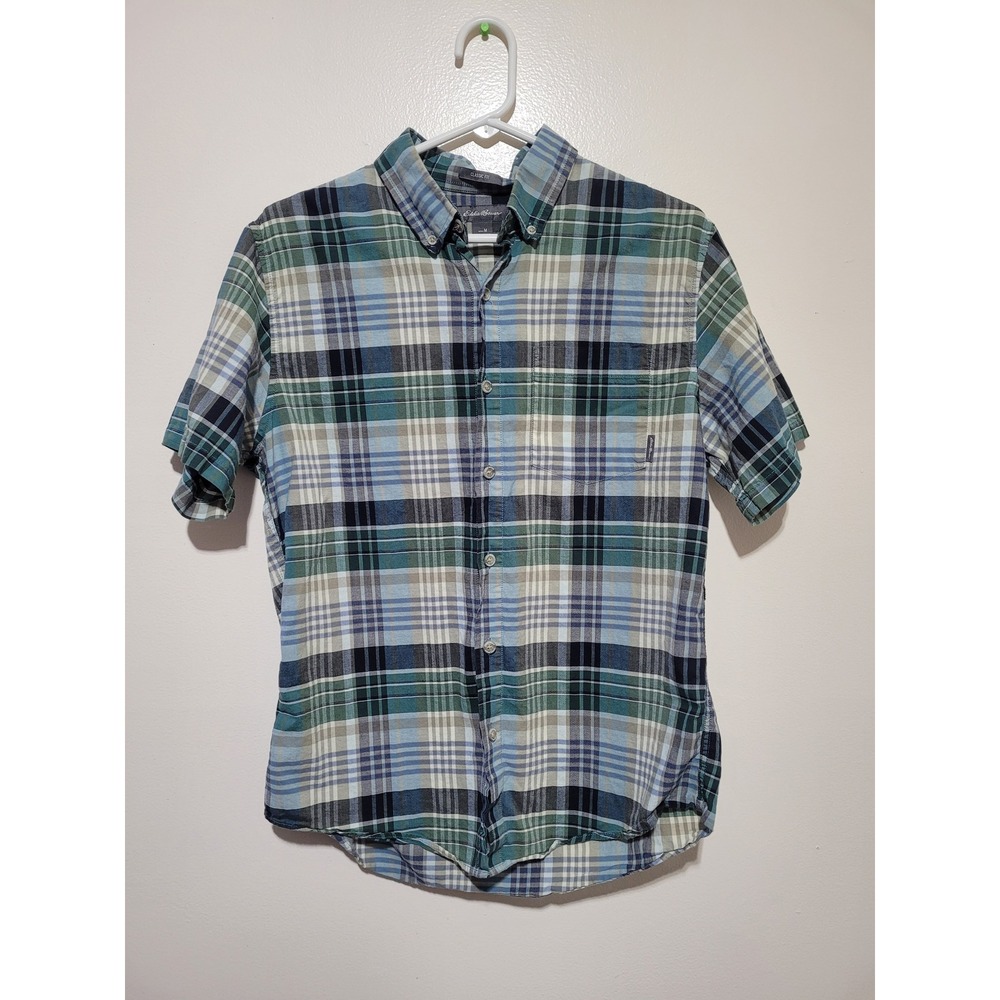 Eddie Bauer Plaid Shirt Mens Medium‎ Blue Green Short Sleeve Classic Fit